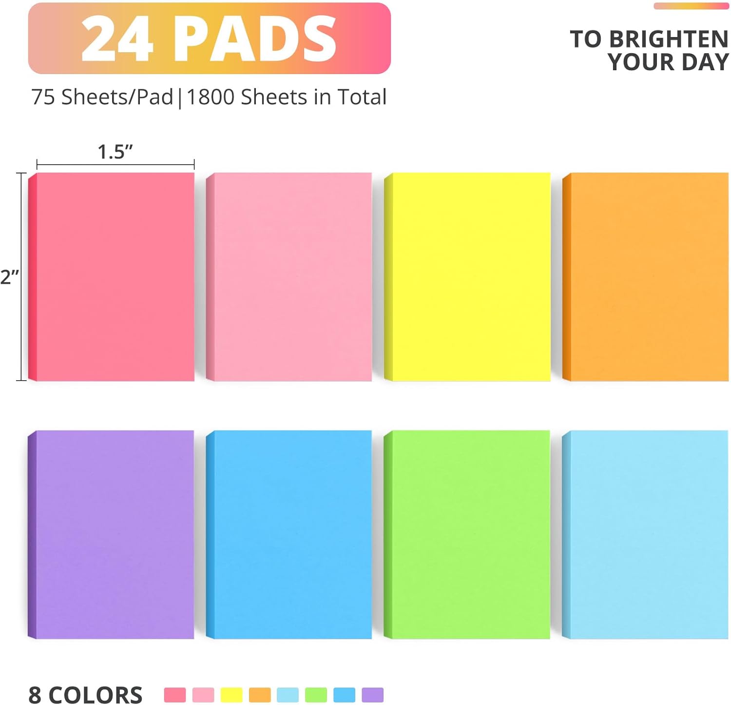 24-Pack Mini Sticky Notes 1.5x2 8 Colors - Image 2