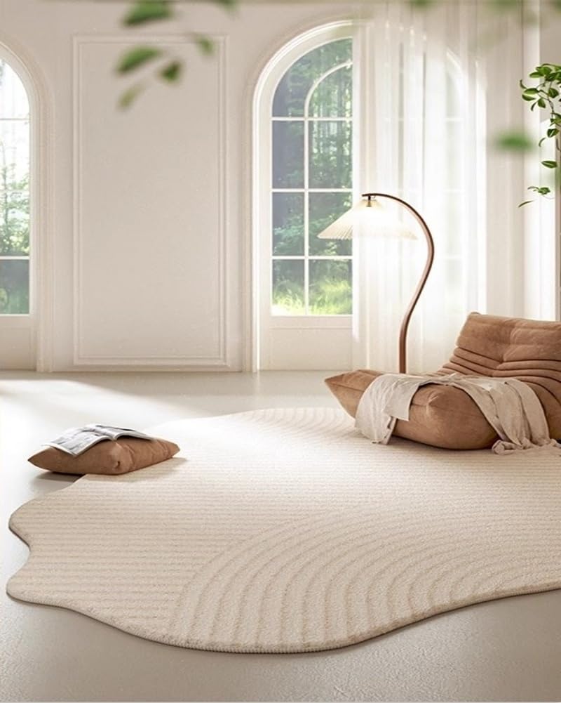 61ZniDMXmL._AC_SL1001_.jpg Cream Curved Striped Irregular Rug 10x16 Minimalist - Image 1
