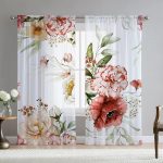 Red Pink Floral Sheer Curtains 84" 2 Panels