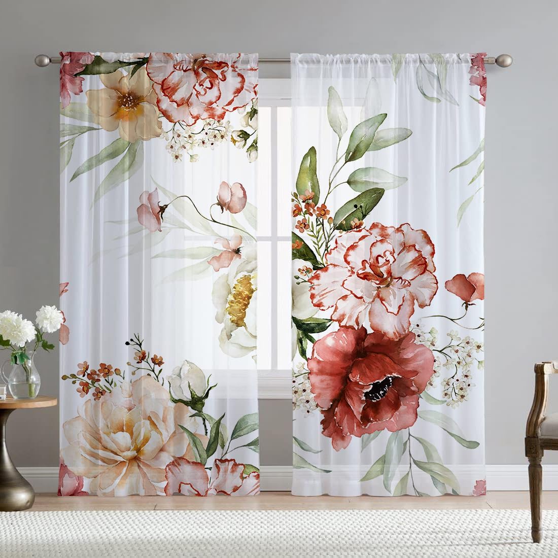 71Hu28hLXaL._AC_SL1100_.jpg Red Pink Floral Sheer Curtains 84" 2 Panels - Image 1