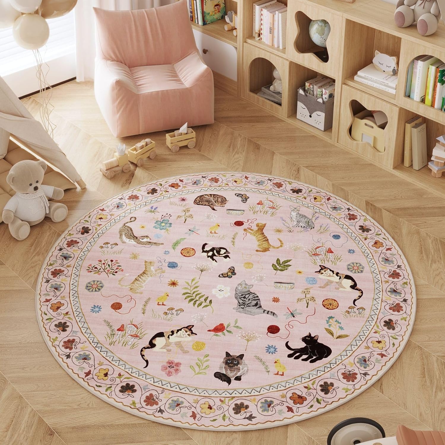 4ft Pink Boho Floral Washable Round Rug