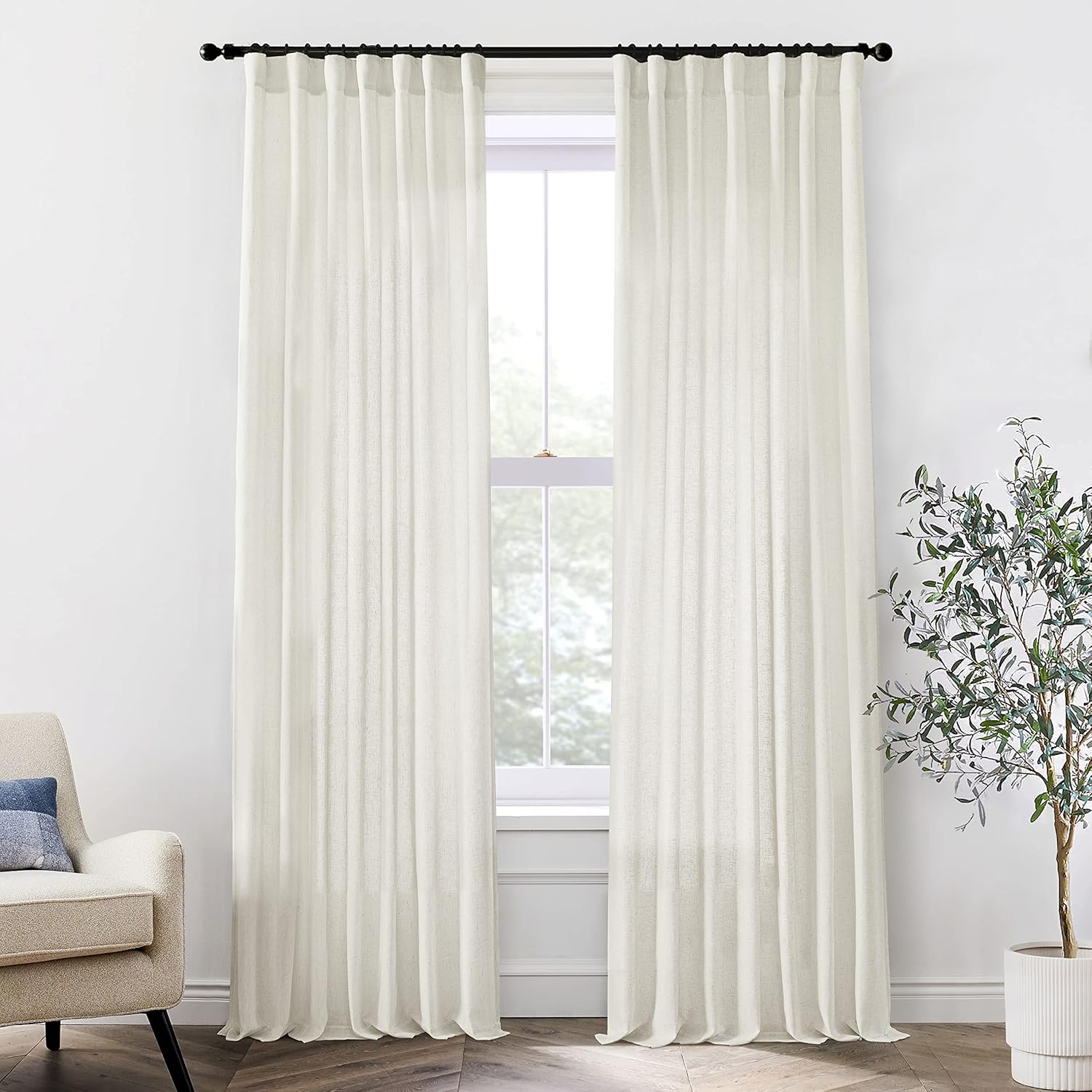 81HHM7bbikL._AC_SL1500_.jpg Cream Linen Curtains 108" 2 Panels Back Tab - Image 1
