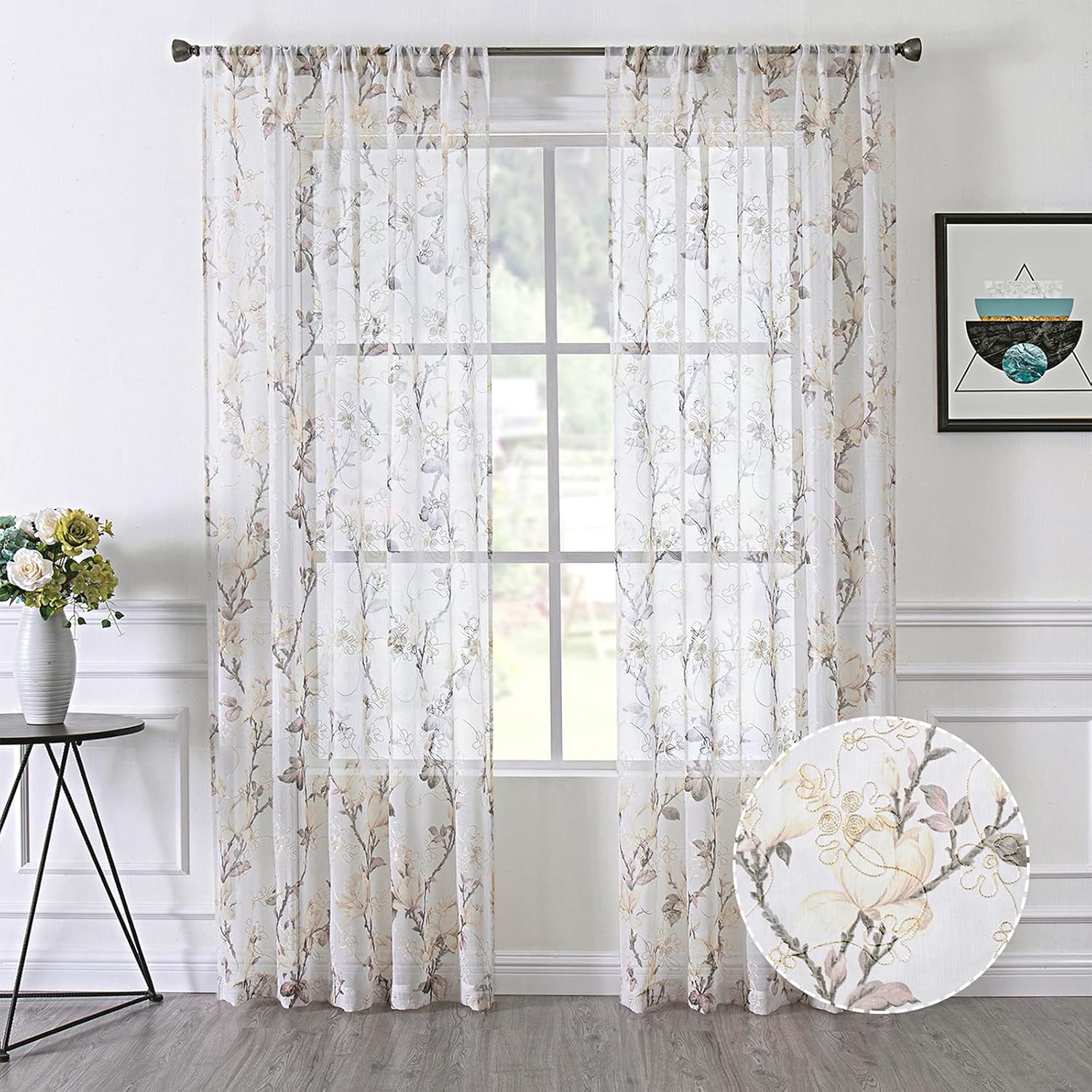 81N4ySEcbjS._AC_SL1500_.jpg Floral White Short Sheer Curtains 54x45 2 Panels - Image 1