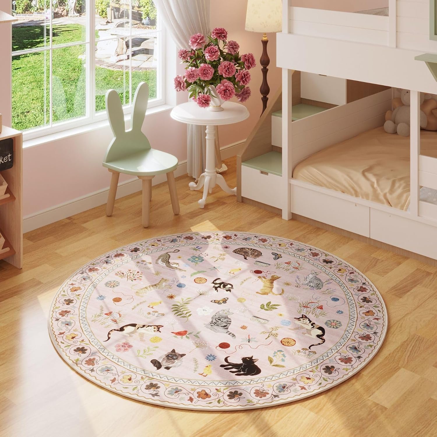 4ft Pink Boho Floral Washable Round Rug - Image 2