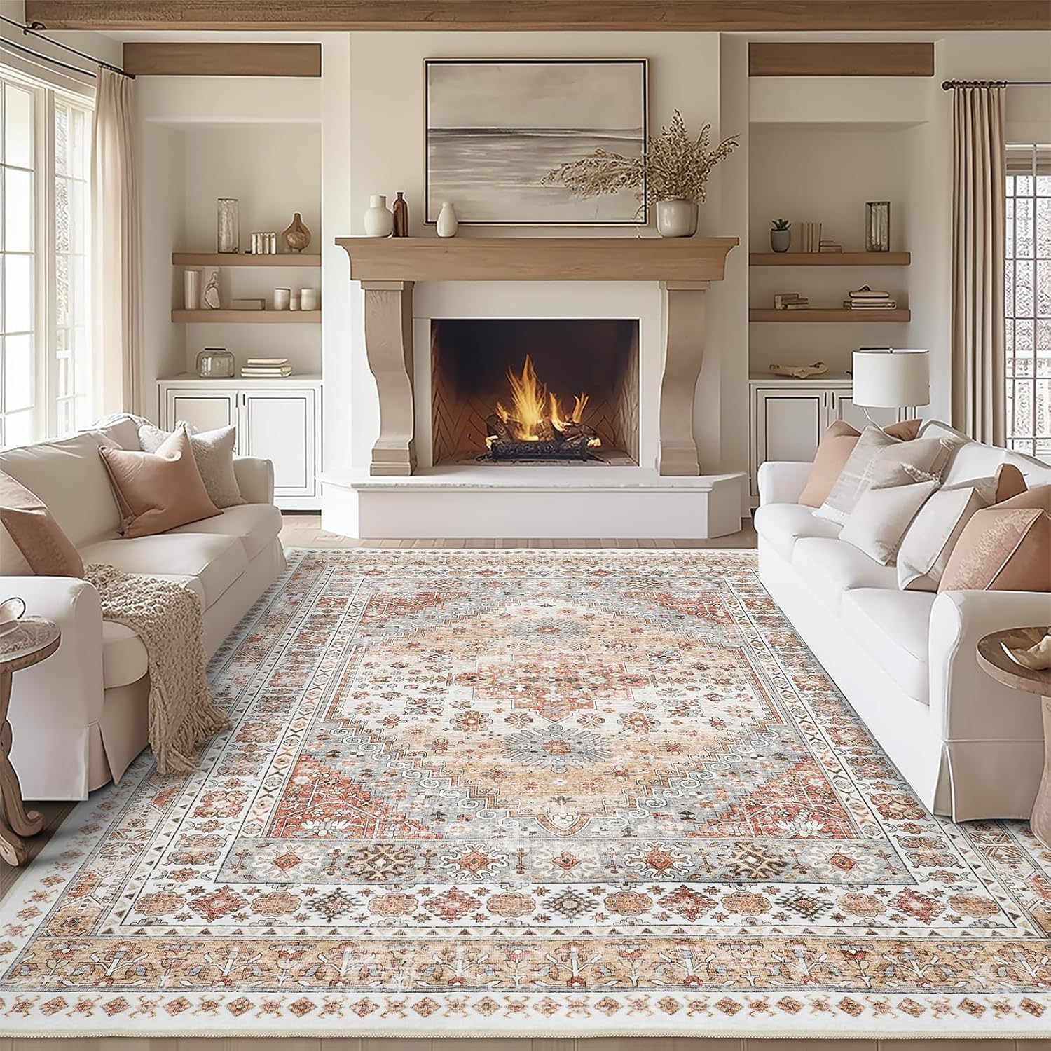 81XAsqLEwSL._AC_SL1500_.jpg Vintage Washable Area Rug 8x10 Orange Non-Slip - Image 1