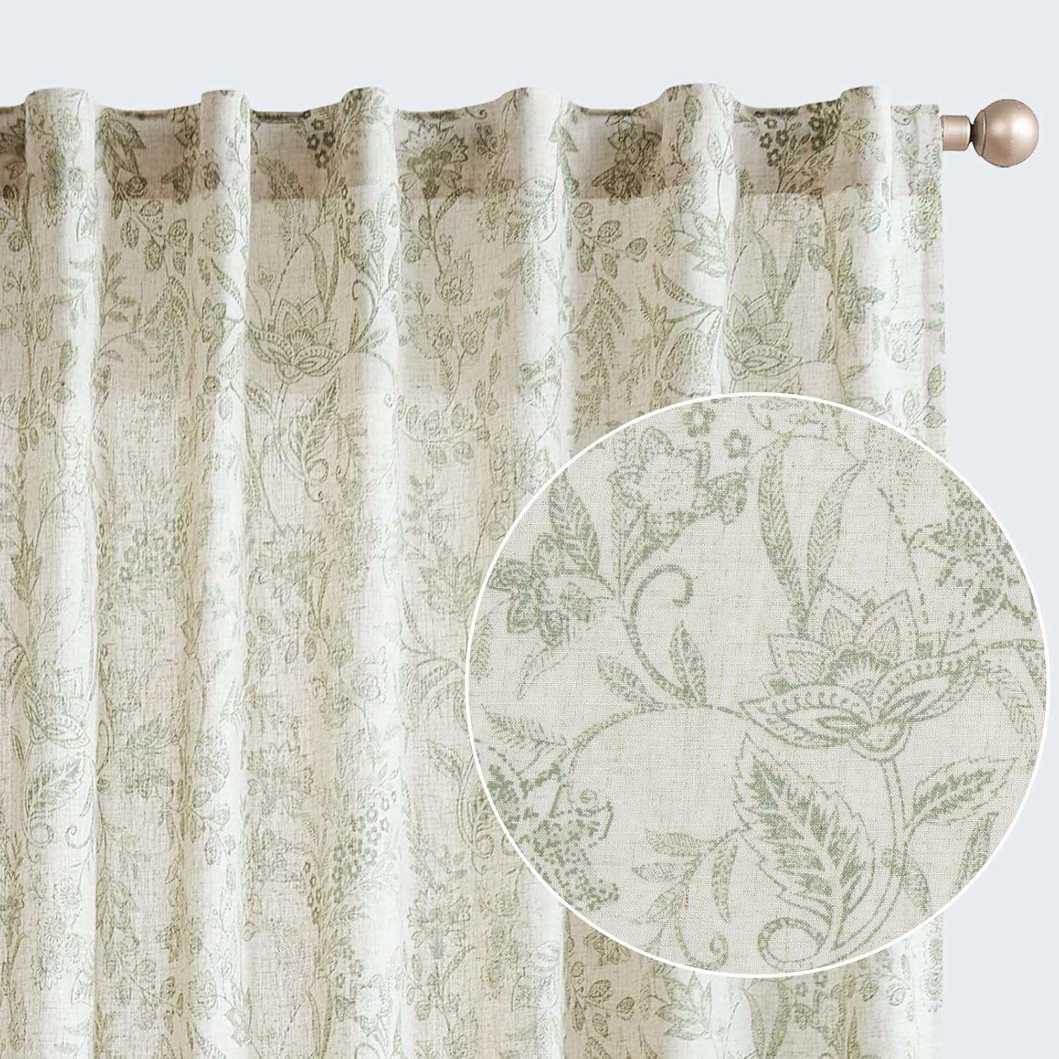 81leplC12L._AC_SL1500_.jpg Green Floral Linen Curtains 84" Back Tab 2 Panels - Image 1