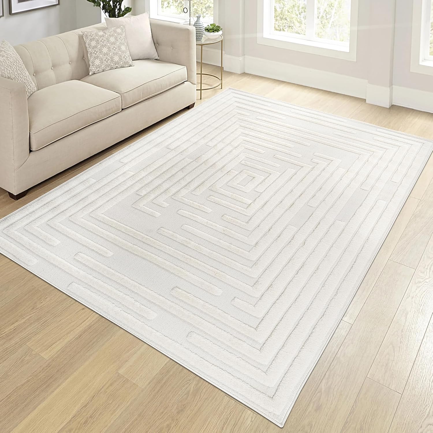 81vCo97TkL._AC_SL1500_.jpg High-Low Striped Cream Area Rug 9x12 - Image 1