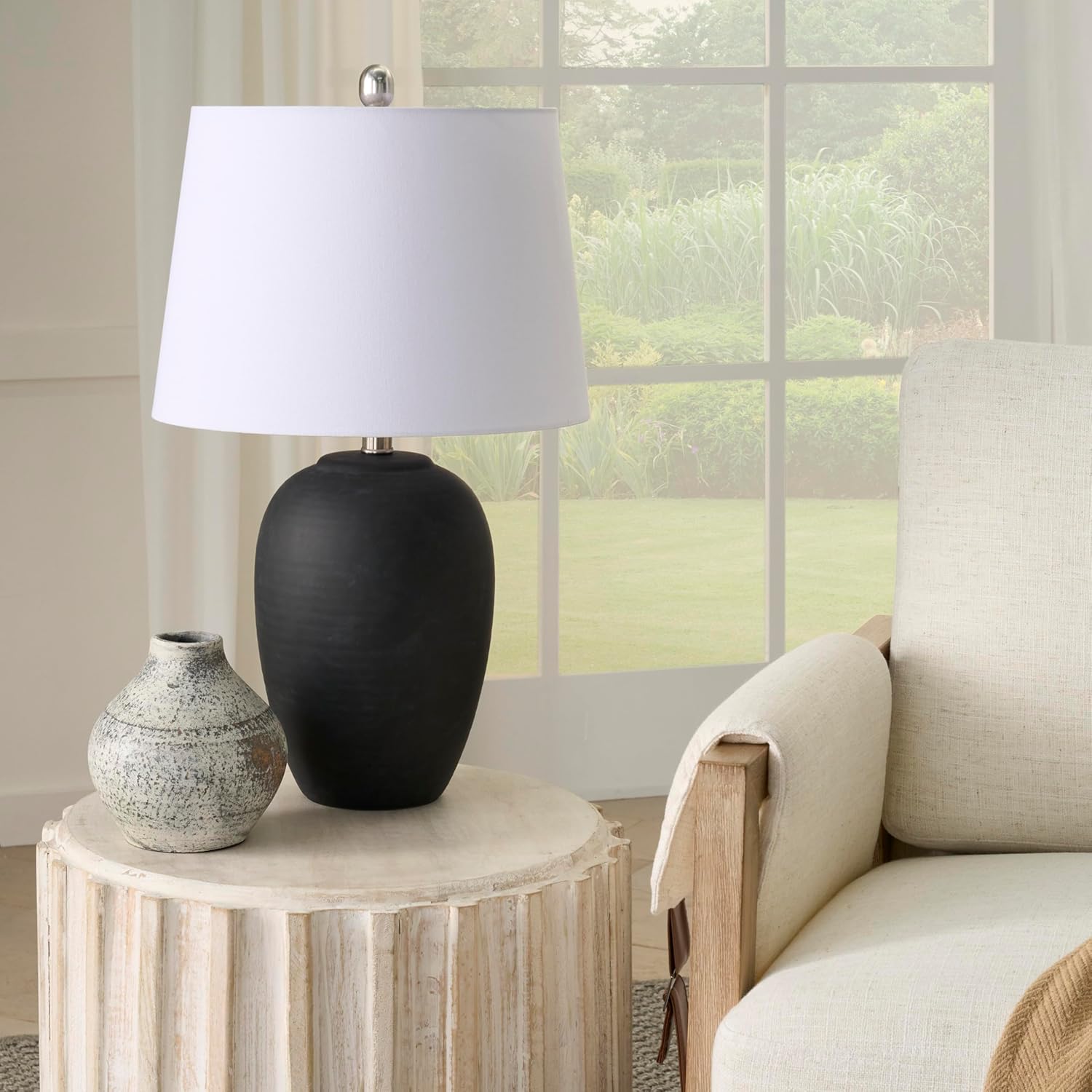 81zQLo4xcWL._AC_SL1500_.jpg Black Distressed Ceramic Table Lamp 23" White Shade - Image 1