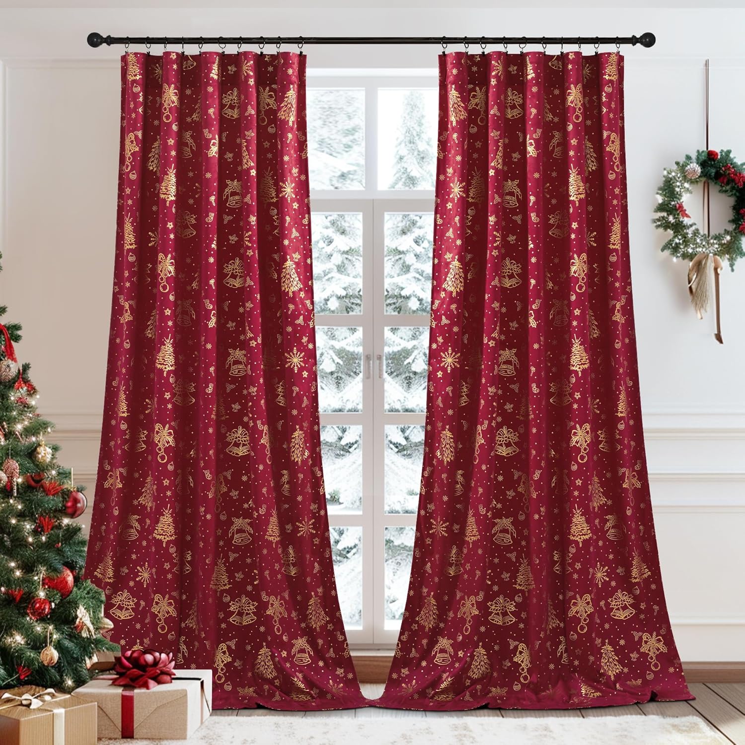 91BGuhEsFXL._AC_SL1500_.jpg Red Velvet Christmas Curtains 96" Tree Bells 2 Panels - Image 1