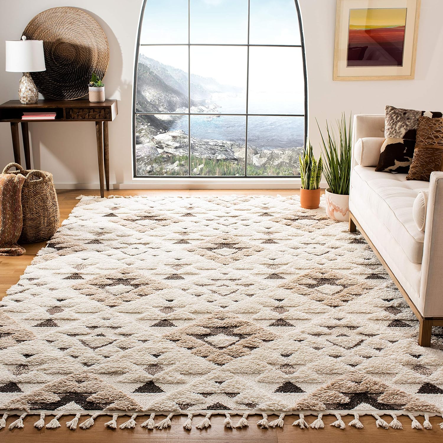A1qUyKdDi0L._AC_SL1500_.jpg Tassel Shag Area Rug 8x8 Ivory Brown - Image 1